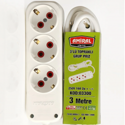 Amiral 3' Lü Topraklı 3 Metre Kablolu Grup Priz
