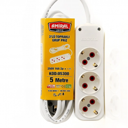 Amiral 3' Lü Topraklı 5 Metre Kablolu Grup Priz