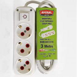 Amiral 3' Lü Topraklı Anahtarlı 3 Metre Kablolu Grup Priz