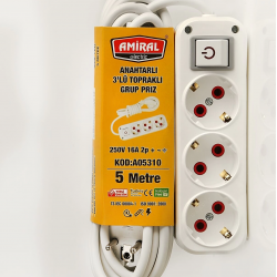 Amiral 3' Lü Topraklı Anahtarlı 5 Metre Kablolu Grup Priz