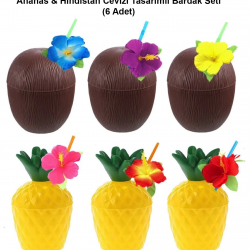 Ananas  Hindistan Cevizi Tasarımlı Pipetli Bardak Seti (6 Adet)