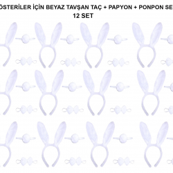 Beyaz Tavşan Kostüm Seti – Taç, Papyon, Kuyruk (12’li Paket)