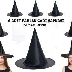 Halloween Siyah Renk Parlak Dralon Cadı Şapkası Yetişkin Ve Çocuk Uyumlu 6 Adet