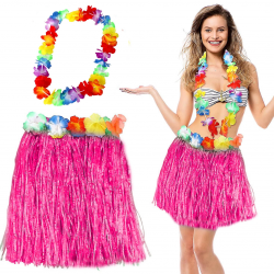 Hawaii Luau Aloha Pembe Püsküllü 40 Cm Etek Ve Hawaii Kolye Seti
