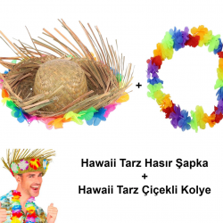 Hawaii Tarzı Tropikal Çiçekli Hasır Şapka Ve Çiçekli Hawaii Kolye