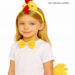 Horoz – Tavuk Kostüm Aksesuar Seti - Taç Papyon Kuyruk