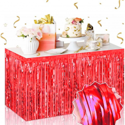Kendinden Yapışkanlı Kırmızı Metalize Püsküllü Masa Eteği – 75 X 275 Cm Parti Süslemesi