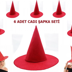 Kırmızı Renk Keçe Cadı Şapkası Yetişkin Çocuk Uyumlu 6 Adet