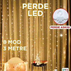 Lw-7 300 Ledli 10 Sarkıt Perde Led Işık, 8 Modlu Uzaktan Kumandalı, 3x3 Metre Peri Telli Led