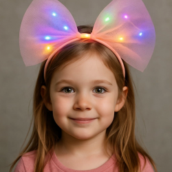 Rengarenk Led Işıklı Fiyonk Şekilli Tül Parti Tacı Pembe Renk 25x25 Cm