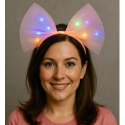 Rengarenk Led Işıklı Fiyonk Şekilli Tül Parti Tacı Pembe Renk 25x25 Cm