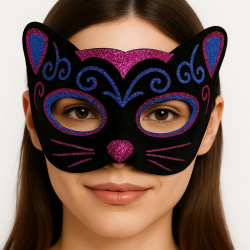 Siyah Kadife Kaplama Üzeri Pembe Mavi Sim İşlemeli Kedi Maskesi 20x13 Cm