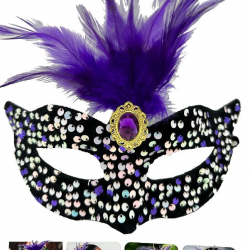 Siyah Kadife Üzeri Rengarenk Payetli Pullu Mor Tüylü Mor Taşlı Parti Maskesi 19x21 Cm