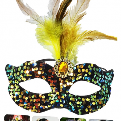 Siyah Kadife Üzeri Rengarenk Payetli Pullu Sarı Tüylü Sarı Taşlı Parti Maskesi 19x21 Cm