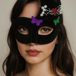Siyah Renk İncili Taşlı Süet Kaplama Venedik Parti Maskesi 20x22 Cm