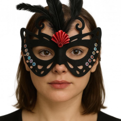 Siyah Renk Siyah Süet Kaplama Tüylü Kelebek Figür Parti Maskesi 24x18 Cm