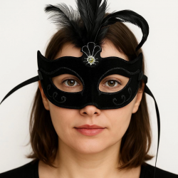 Siyah Renk Tüylü Siyah Süet Kaplama Parti Balo Maskesi 20x16 Cm