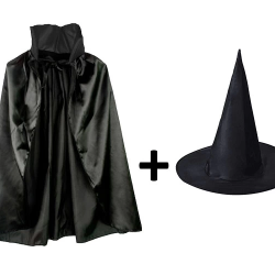 Siyah Yakalı Pelerin Ve Siyah Cadı Şapkası Seti Çocuk Boy