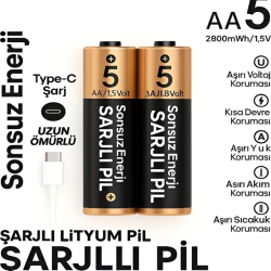 Type-c Şarjlı 2800mwh 1.5v Şarj Edilebilir 2’li Aa5 Kalın Pil - Lityum Iyon Batarya