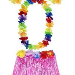Yetişkin Ve Çocuk Uyumlu Luau Aloha Hawaii Pembe Etek Ve Renkli Kolye Taç 2 Adet Bileklik Seti